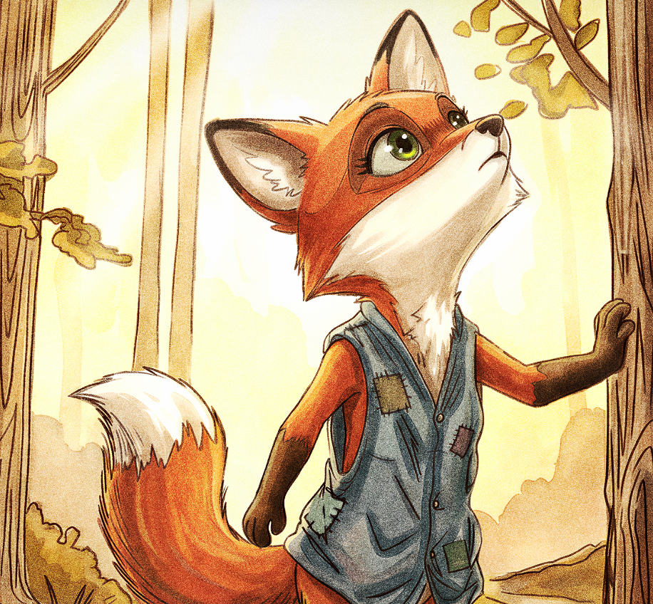 Freya the fox standing in the sunlit woods